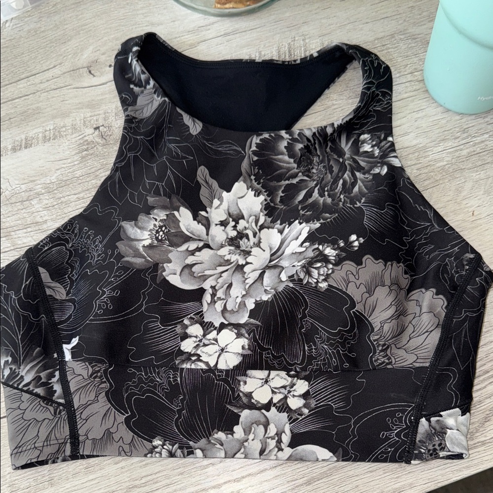 Zella Black and Gray Floral Sports Bra Top